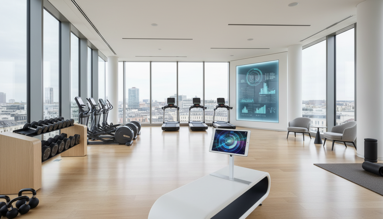 fitnessfloor-blog190772 Fitnessstudio mit moderner Ausstattung und Blick über München.