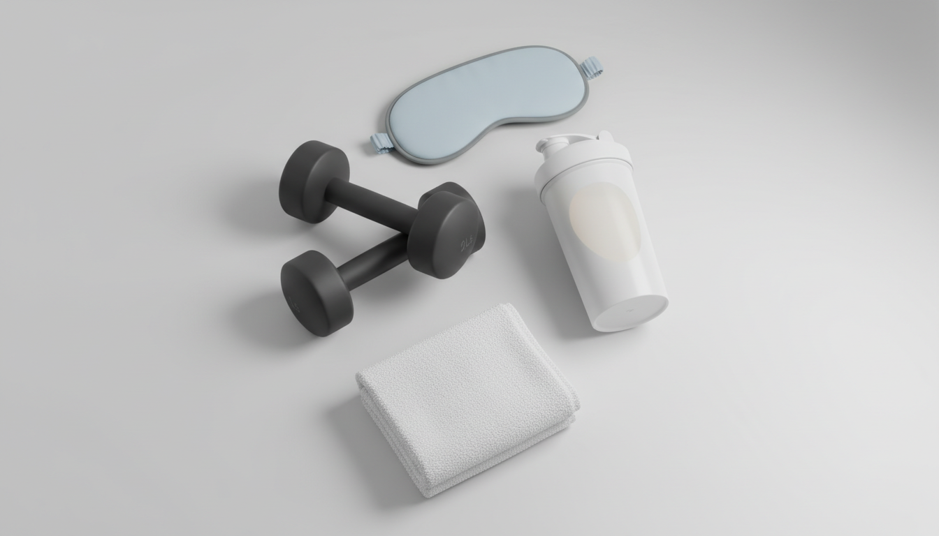 fitnessfloor-blog421478 Fitnessstudio-Accessoires: Hanteln, Trinkflasche, Handtuch vor weißem Hintergrund