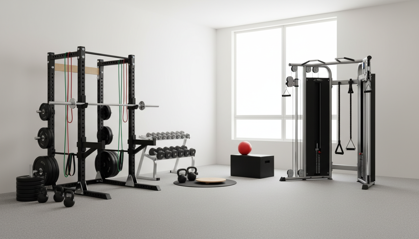 Fitnessstudio mit Langhanteln, Gewichten und Geräten