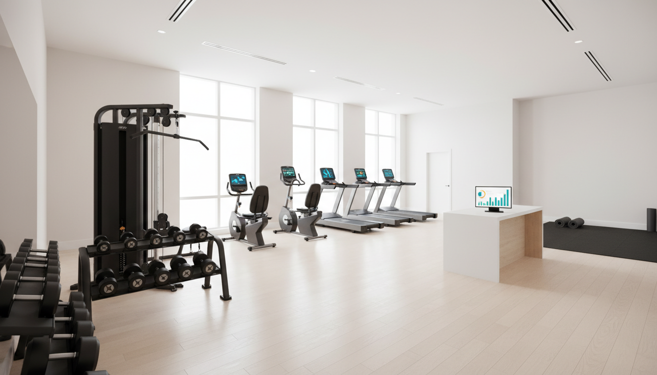 fitnessfloor-blog746986 Helles Fitnessstudio mit Laufbändern und Hanteln