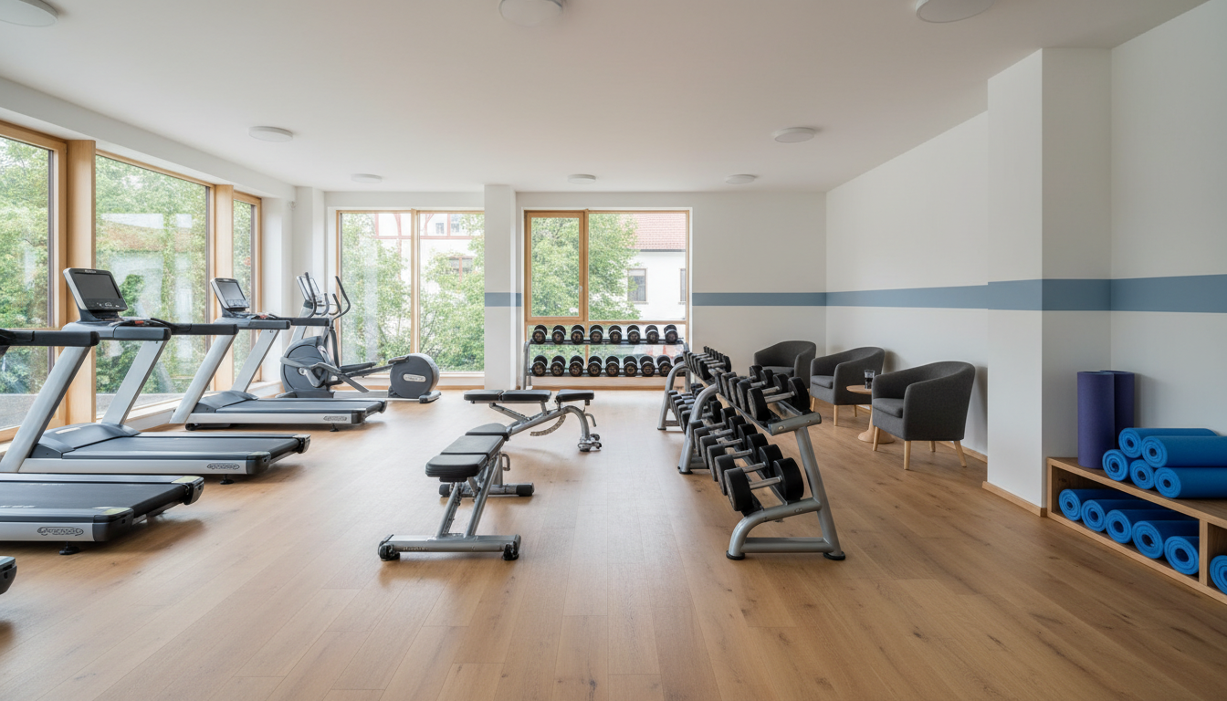 Fitnessstudio: Modernes Sportstudio mit Cardio-Geräten und Hanteln.