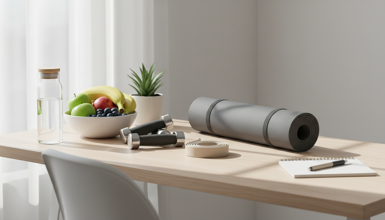 fitnessfloor-blog955135 Heller Schreibtisch mit Obst, Hanteln, Yogamatte und Notizblock.