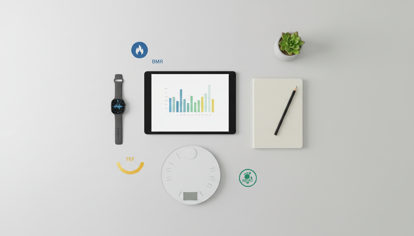 fitnessfloor-blog15118 Fitnessstudio-Layout mit Tablet, Waage und Uhr.