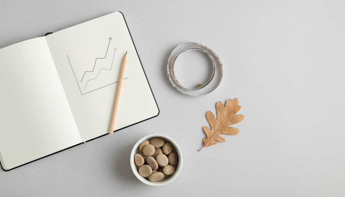 fitnessfloor-blog199131 Flatlay: Notizbuch mit Diagramm, Klebeband, Kieselsteine, Laubblatt