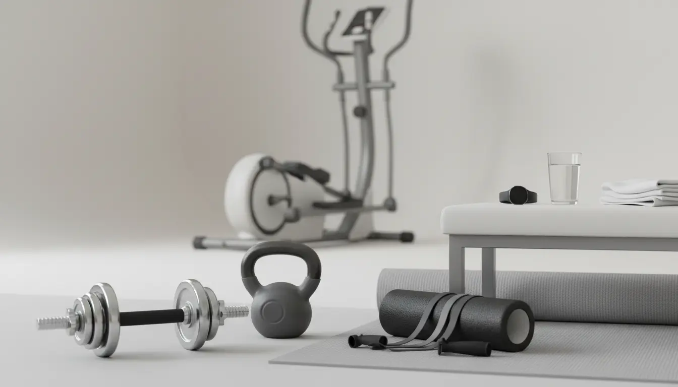 fitnessfloor-blog208204 Fitnessstudio-Ausstattung mit Hanteln, Kettlebell und Matte.