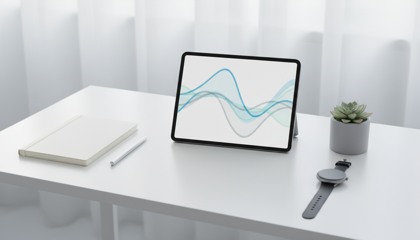 Moderner Arbeitsplatz mit Tablet, Notizbuch, Uhr und Pflanze