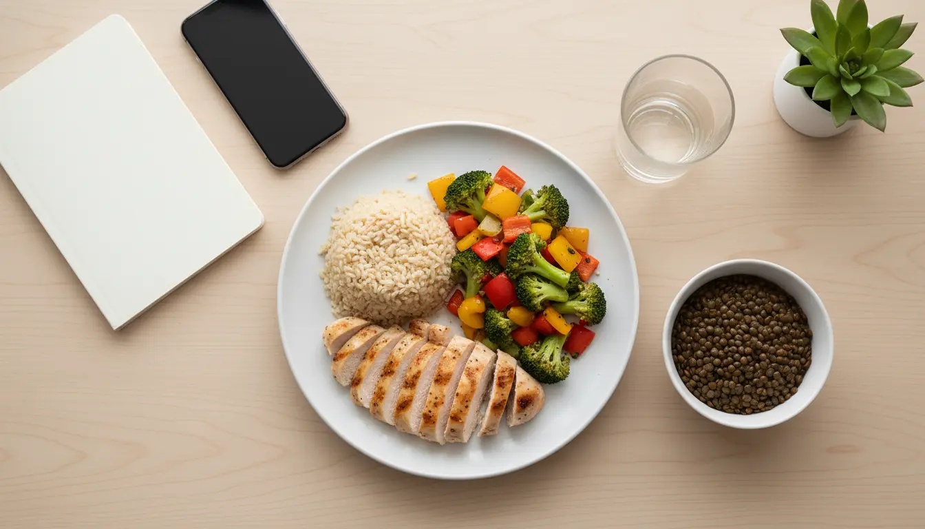 fitnessfloor-blog325236 fitnessfloor-blog325236: Gesunde Mahlzeit mit Hähnchen, Reis und Gemüse.