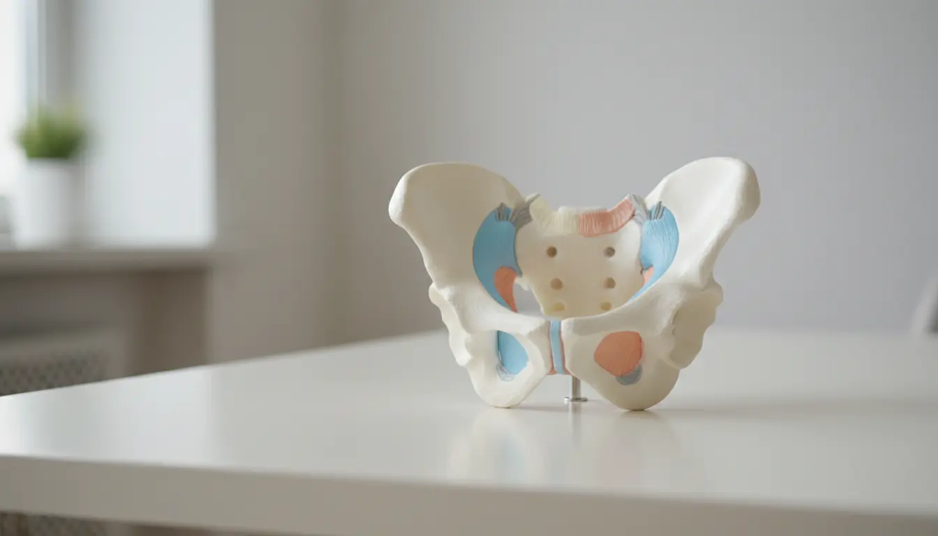 Anatomisches Beckenmodell auf weißem Tisch im Praxisraum.