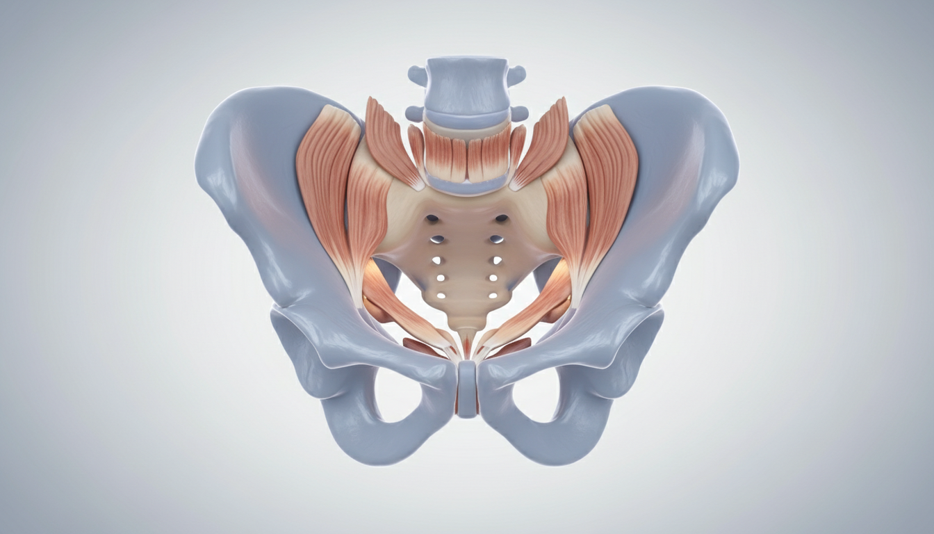 fitnessfloor-blog471597 Beckenanatomie mit Muskulatur, medizinisch detaillierte Darstellung.
