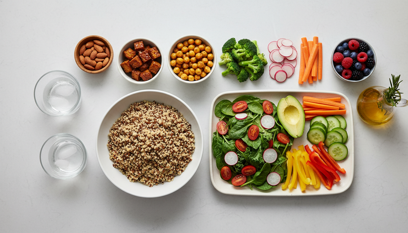 fitnessfloor-blog495397 Bunte Quinoa-Bowl mit Gemüse, Obst und Nüssen.