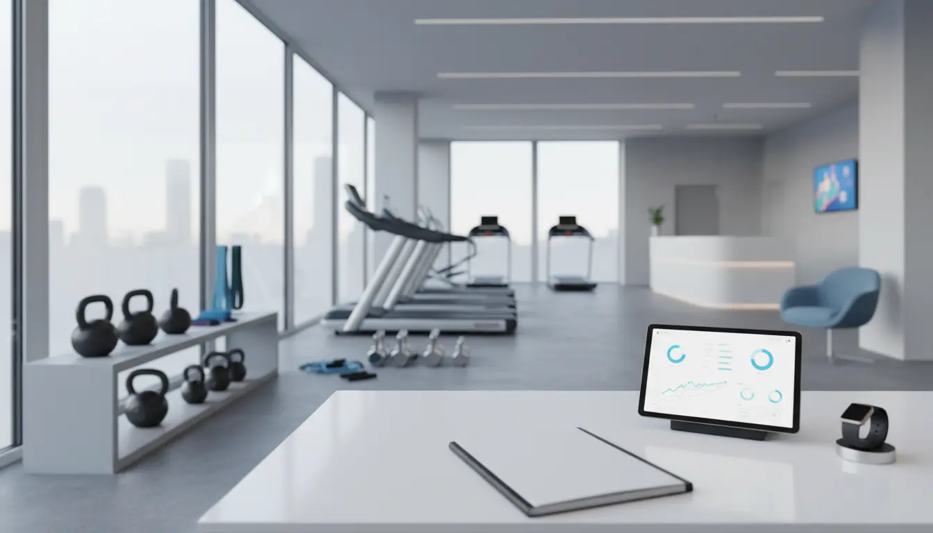 fitnessfloor-blog499065 Modernes Fitnessstudio mit Cardiogeräten, Kettlebells und Tablet.