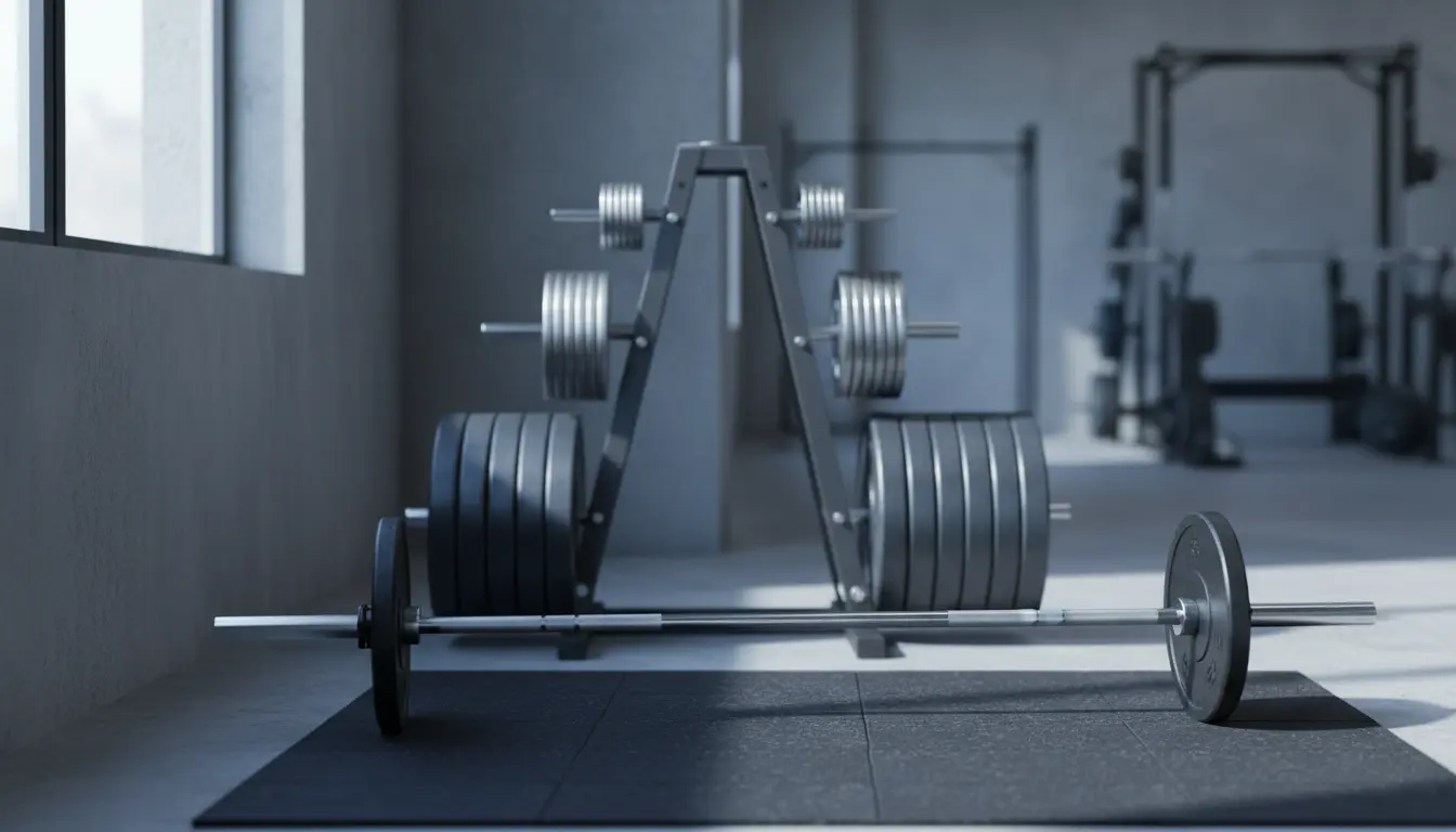fitnessfloor-blog617084 Fitnessstudio Umgebung mit Langhantel und Gewichten im Hintergrund.
