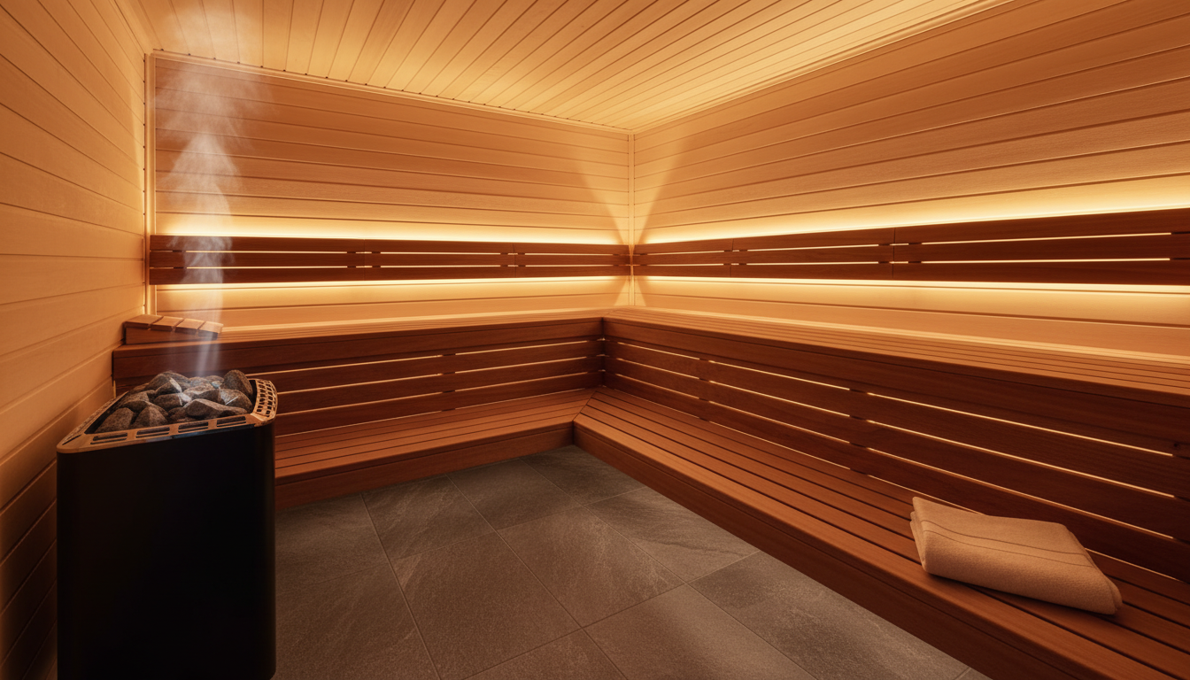 Sauna im Fitnessstudio, warme Holzoptik und Beleuchtung.