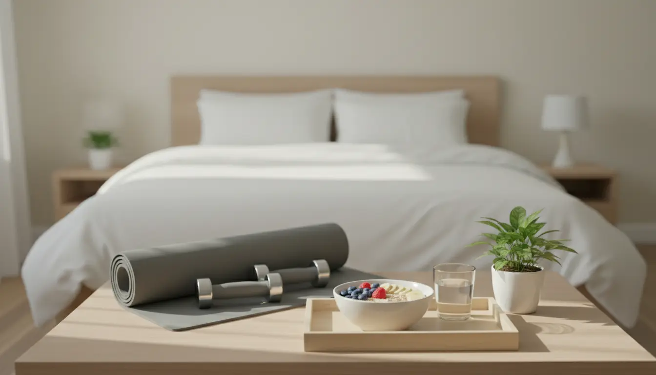fitnessfloor-blog677654: Schlafzimmer mit Fitnessmatte, Hanteln und Pflanze.