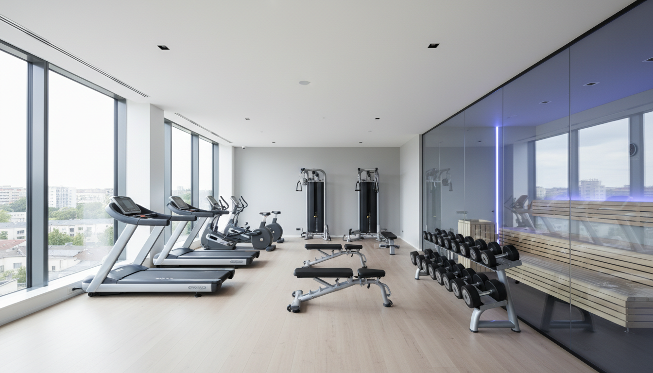 fitnessfloor-blog679228 Fitnessstudio mit Cardiogeräten und Hanteln, modernes Ambiente