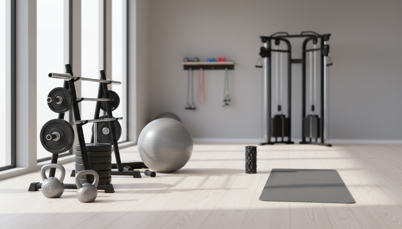 fitnessfloor-blog683448 fitnessfloor-blog683448: Fitnessstudio mit Gewichten, Matte und Ball.