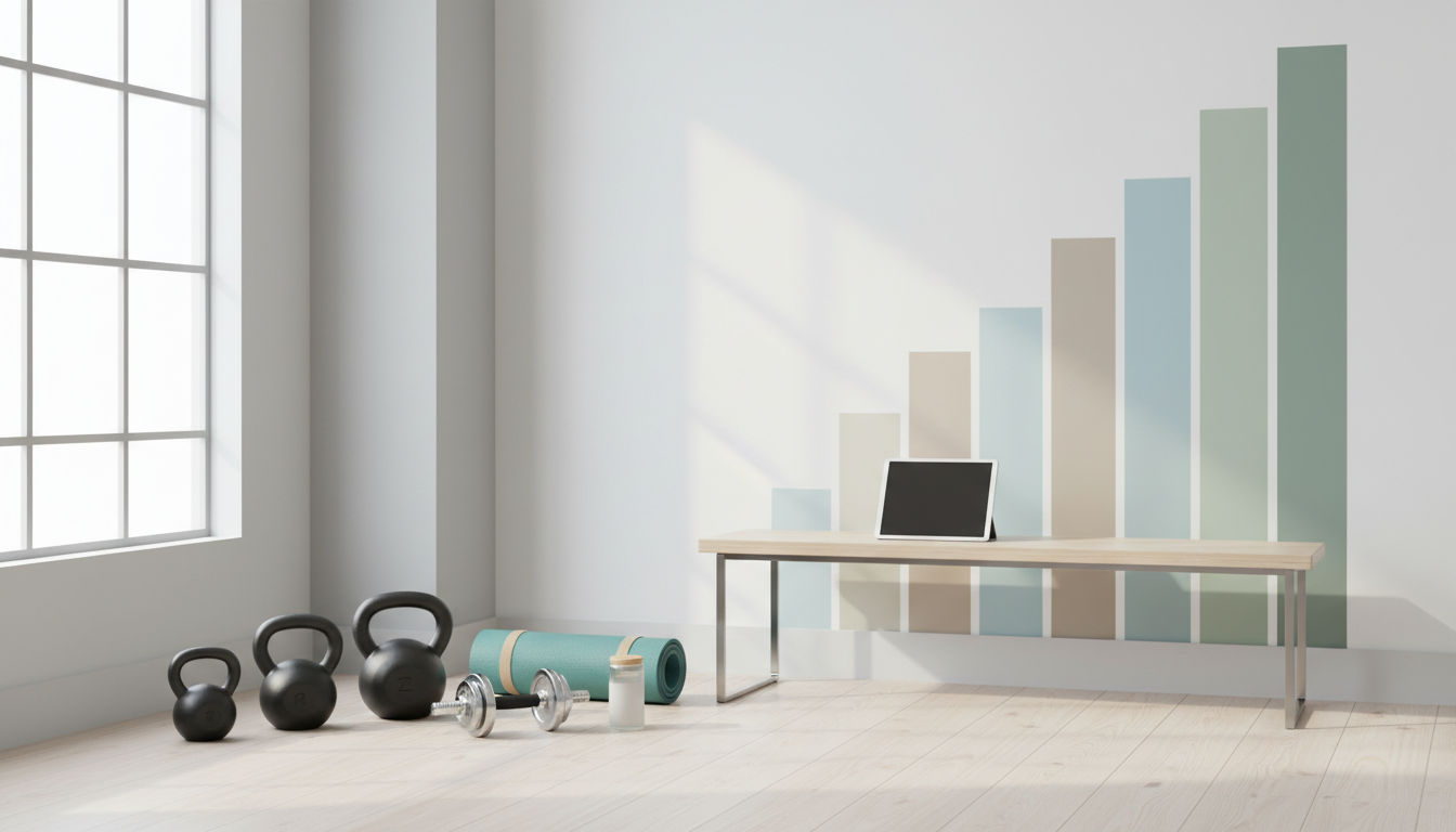 fitnessfloor-blog798600 Fitnessstudio mit Hanteln, Yogamatte und Laptop