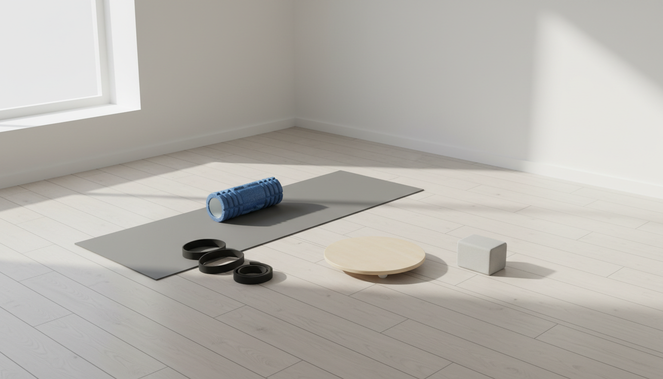 fitnessfloor-blog830957 Helles Fitnesszimmer mit Matte, Foamroller, Balanceplatte und Block.