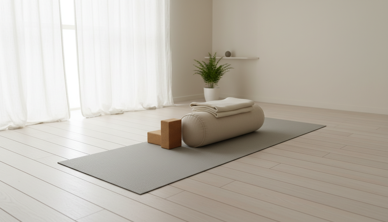 fitnessfloor-blog866423 Heller Heim-Yoga-Raum mit Matte, Blöcken und Handtuch.