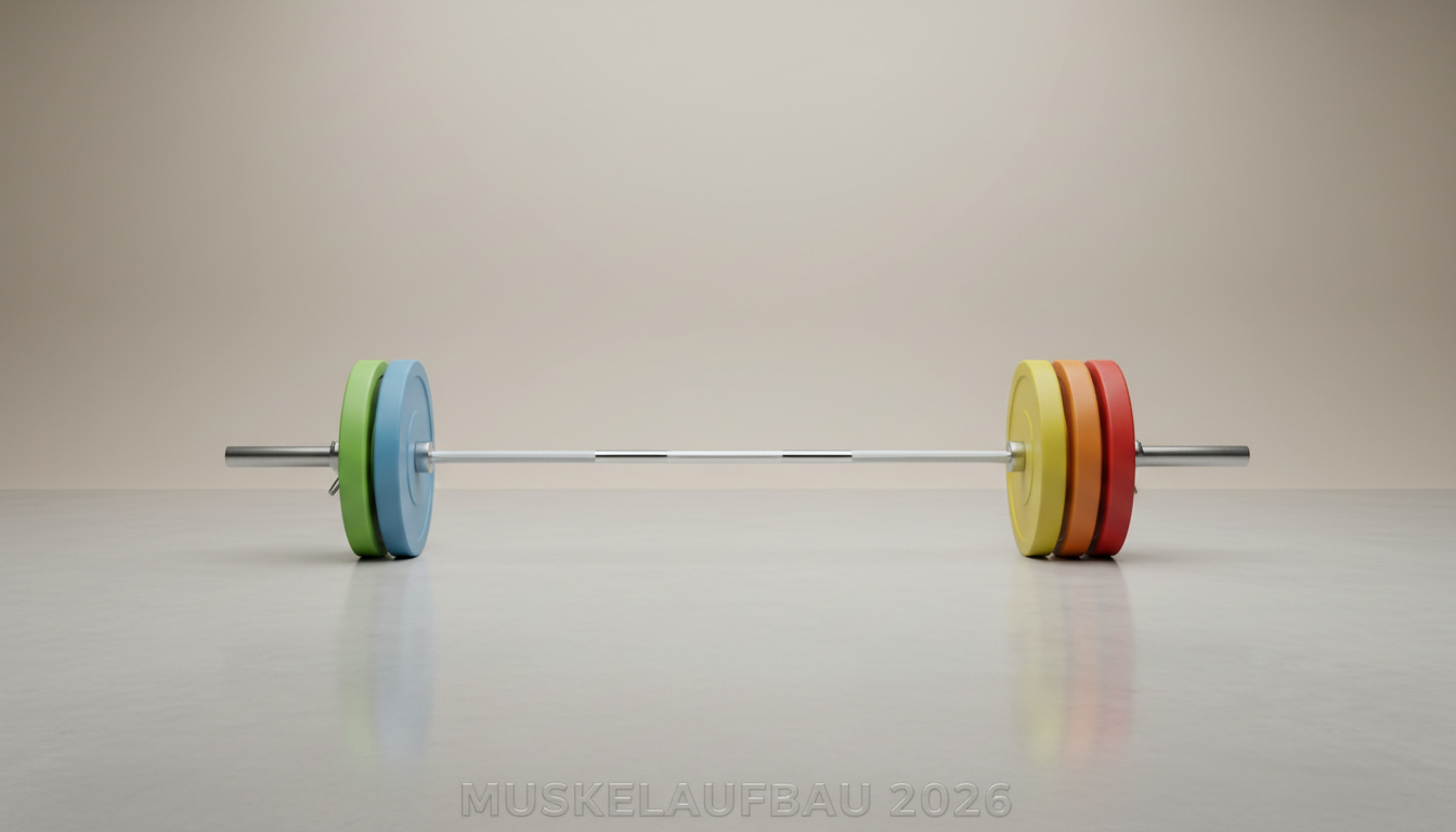 fitnessfloor-blog884120 Fitnessstudio Langhantel mit bunten Scheiben auf glattem Boden.