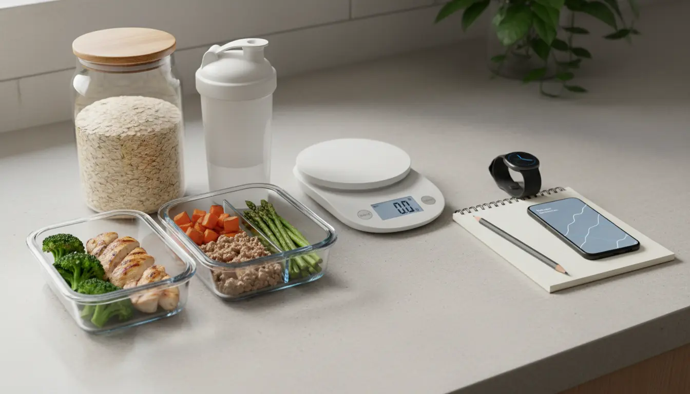 fitnessfloor-blog900328 Fitnessstudio-Meal-Prep am Küchentisch mit Waage