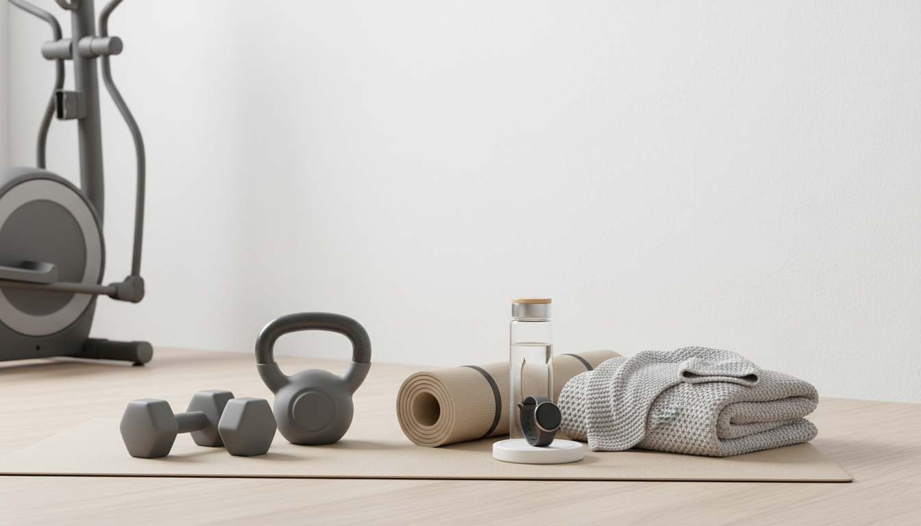 fitnessfloor-blog99779 Fitnessstudio-Ausrüstung auf Yogamatte: Hanteln, Kettlebell, Wasserflasche.
