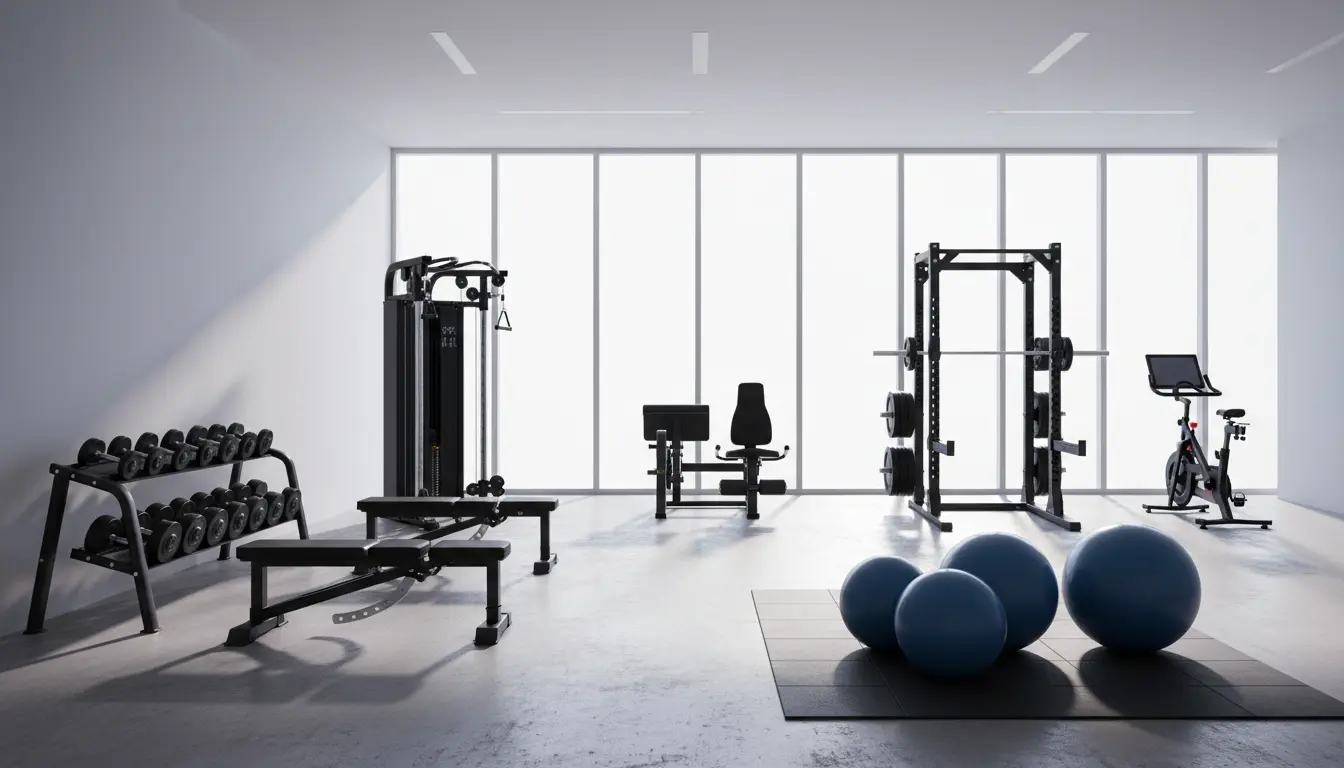 Fitnessstudio-Innenraum mit Hanteln und Kraftstationen