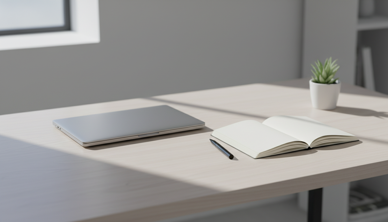 fitnessfloor-blog109491 Heller Arbeitsplatz mit Laptop, Notizbuch und Pflanze.