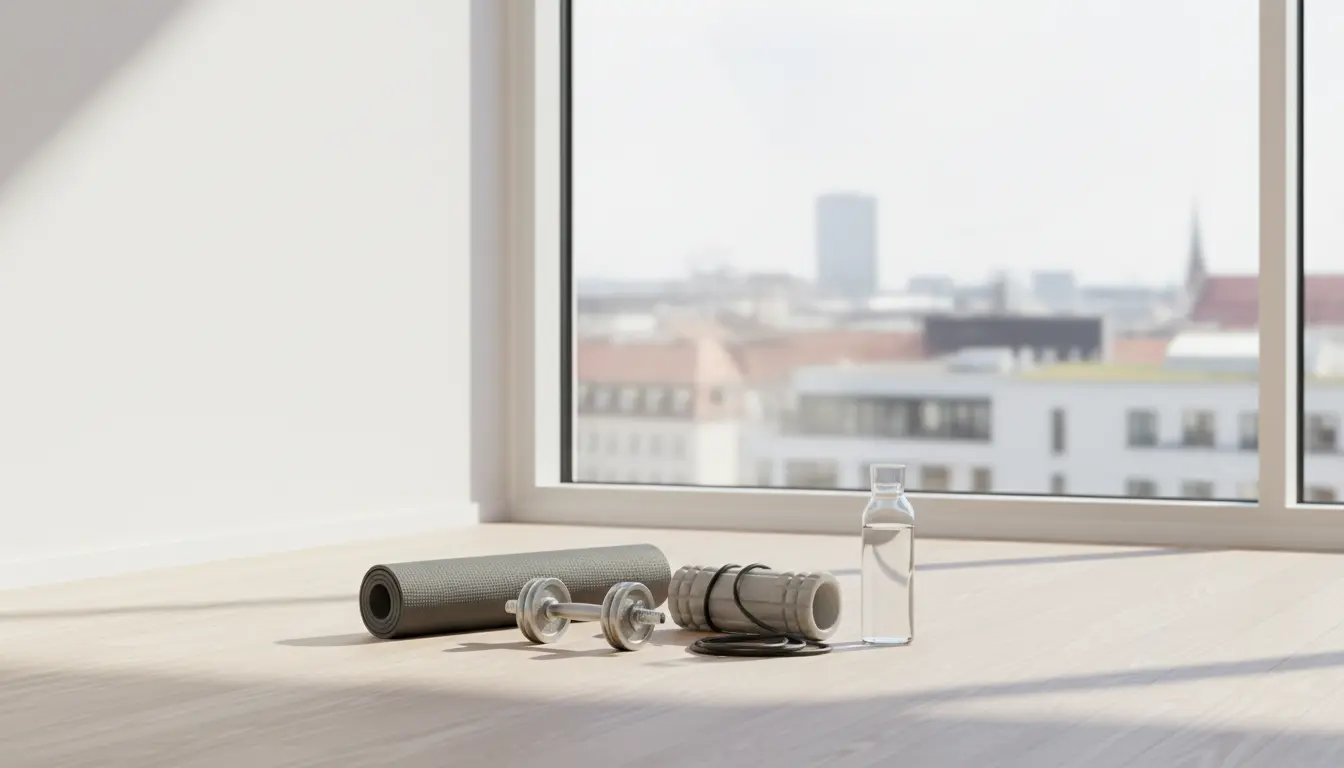 Fitnessstudio-Equipment vor Fenster mit Stadtblick und Wasserflasche.