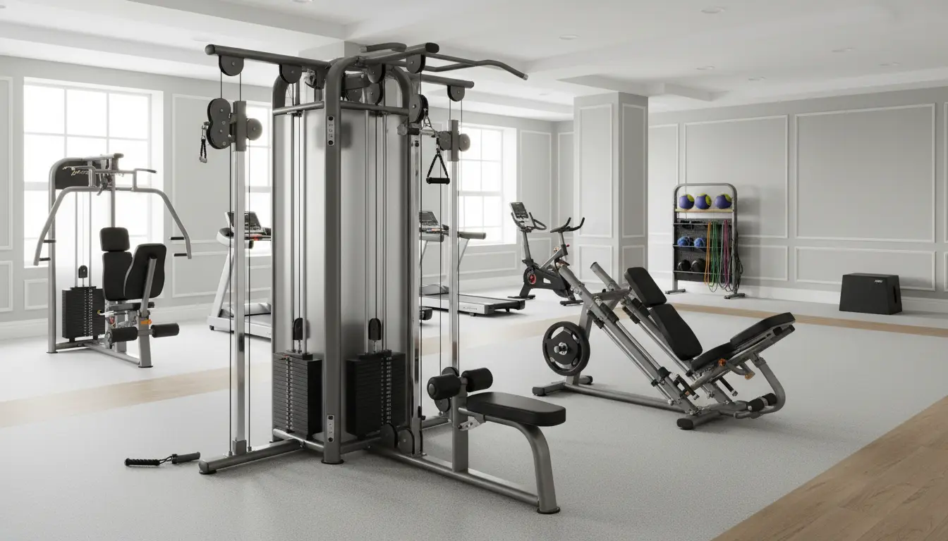 fitnessfloor-blog427503 Fitnessstudio-Innenraum mit Kraftstation und Cardiogeräten.