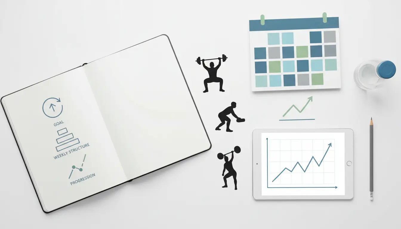 fitnessfloor-blog511025 Fitnessstudio-Notizen mit Diagrammen, Kalender und Hanteln.