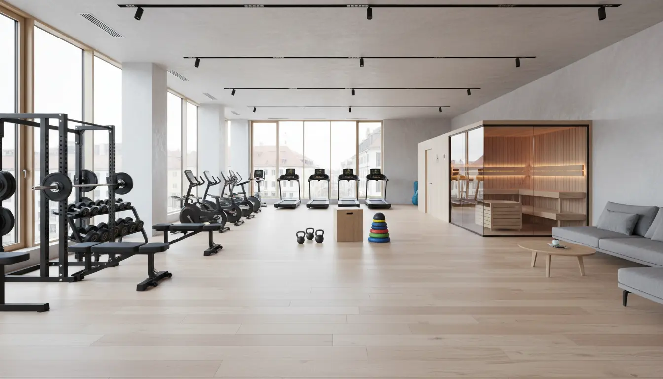 fitnessfloor-blog561409 Modernes Fitnessstudio mit Cardio- und Freihantelbereich.