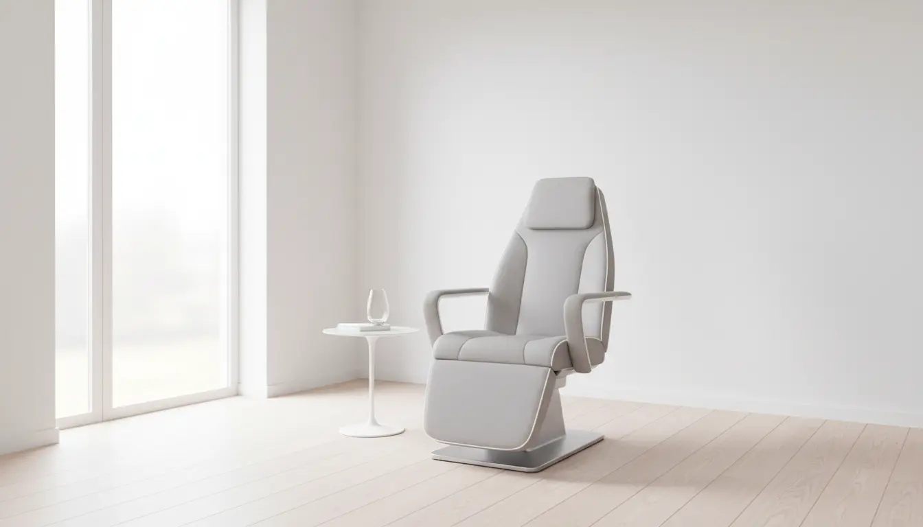 fitnessfloor-blog561779 Helles, minimalistisches Zimmer mit modernem Behandlungsstuhl vor Fenster.