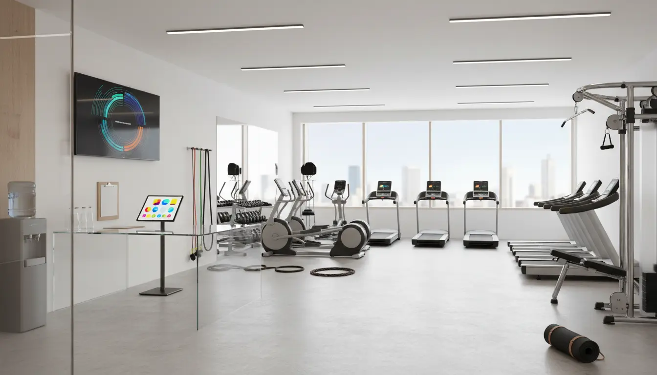 fitnessfloor-blog600461 Fitnessstudio: Moderne Trainingsfläche mit Cardio-Geräten.