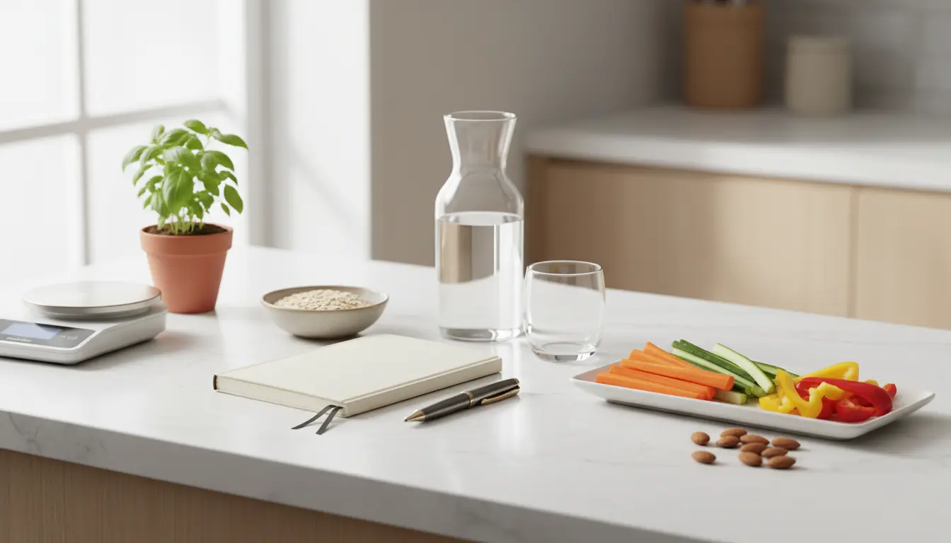 fitnessfloor-blog613943 Moderne Küchentheke mit Obst, Gemüse, Pflanze und Wasserkaraffe.