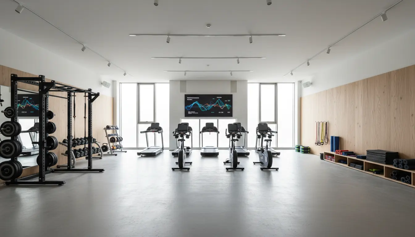 fitnessfloor-blog643412 Fitnessstudio: Moderner Trainingsraum mit Laufbändern und Gewichten.