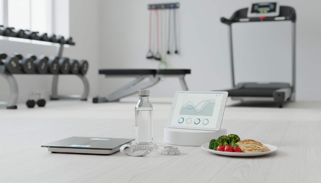 Fitnessstudio-Umgebung mit Tablet, Wasserflasche und gesunder Mahlzeit
