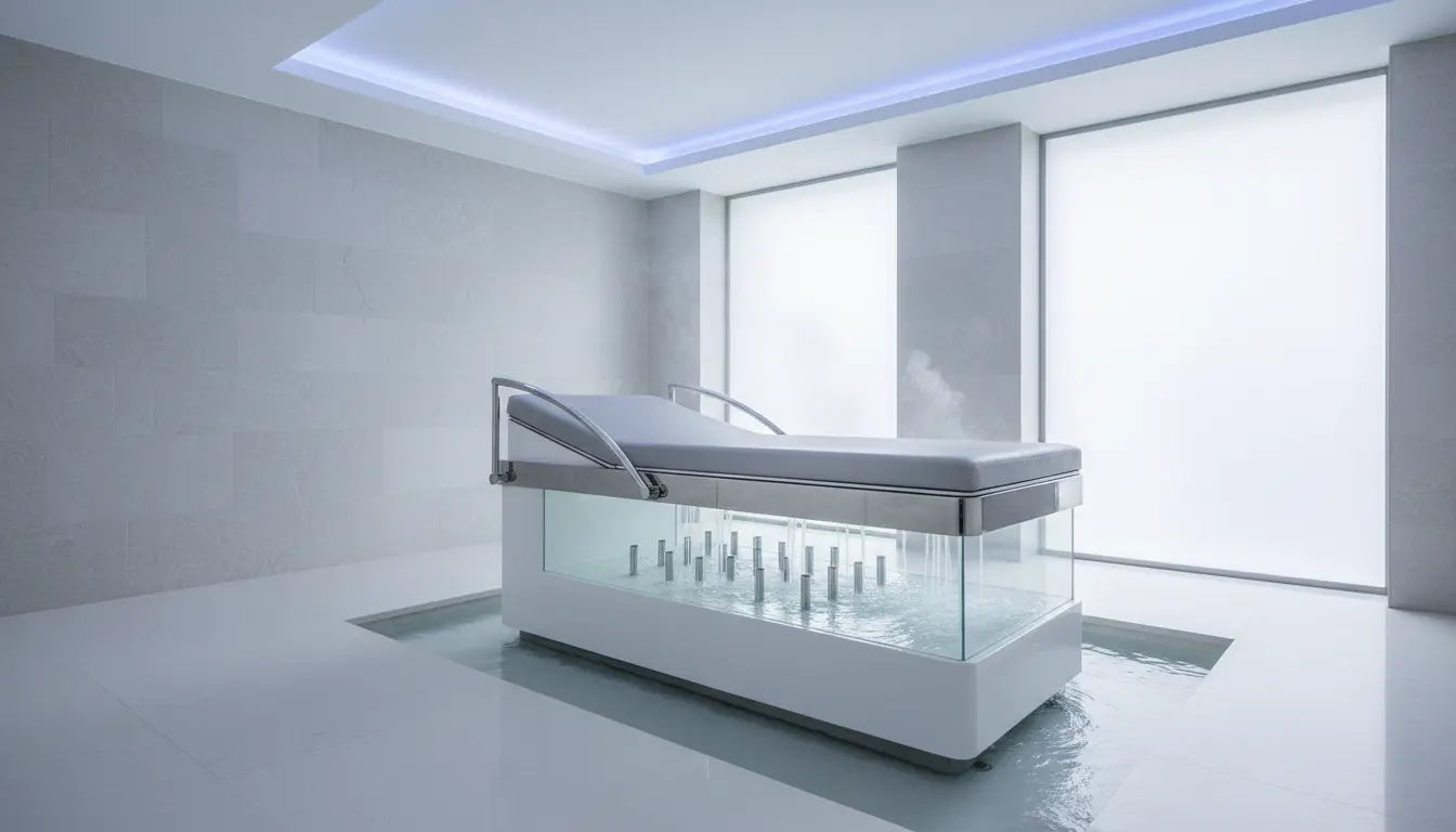 fitnessfloor-blog730941 Moderner Spa-Behandlungsbereich mit Glas-Wasserbett und Beleuchtung.