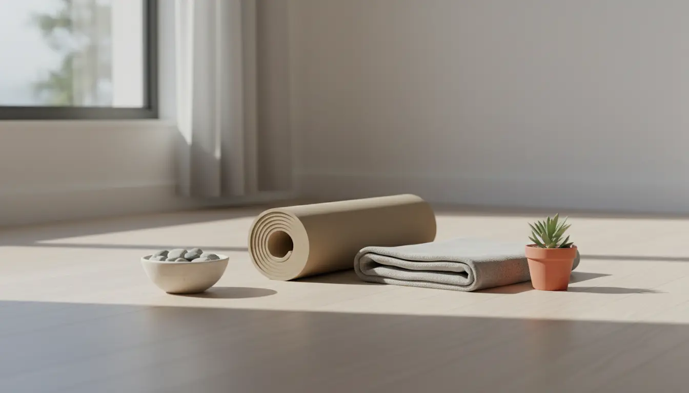 fitnessfloor-blog845131 Yogamatte, Handtuch und kleine Pflanze am Fenster.