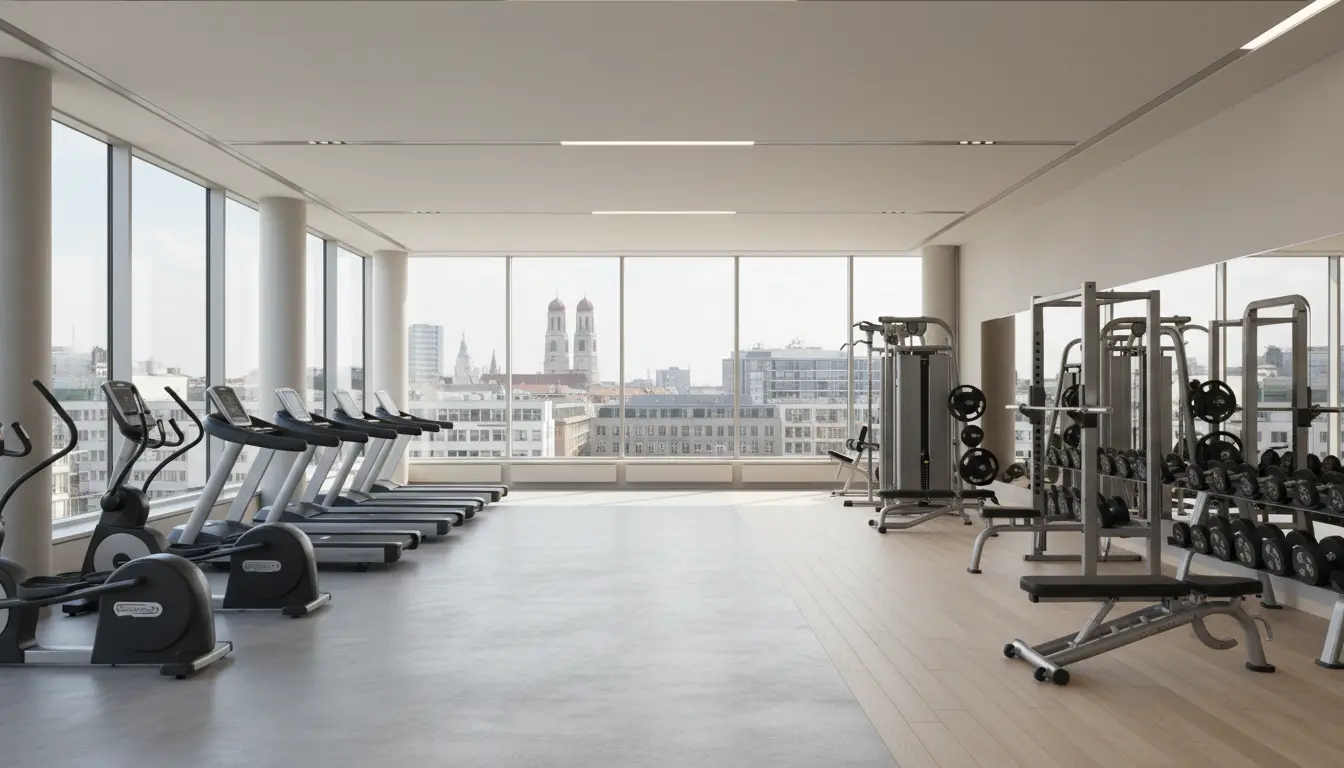 fitnessfloor-blog848706 Fitnessstudio mit Blick auf München, moderne Geräte.