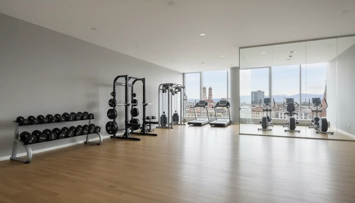 fitnessfloor-blog857249 Fitnessstudio mit Blick auf München und moderne Geräte