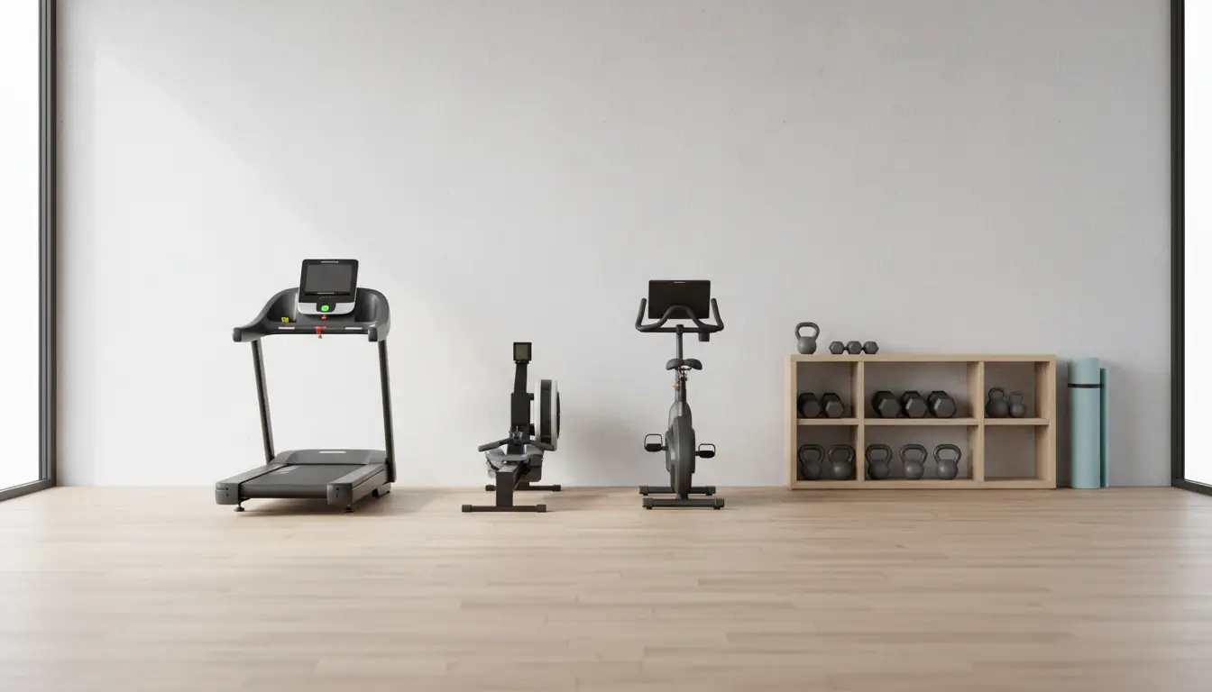fitnessfloor-blog860760 Fitnessstudio-ähnlicher Trainingsraum mit Laufband, Fahrrad und Hanteln.