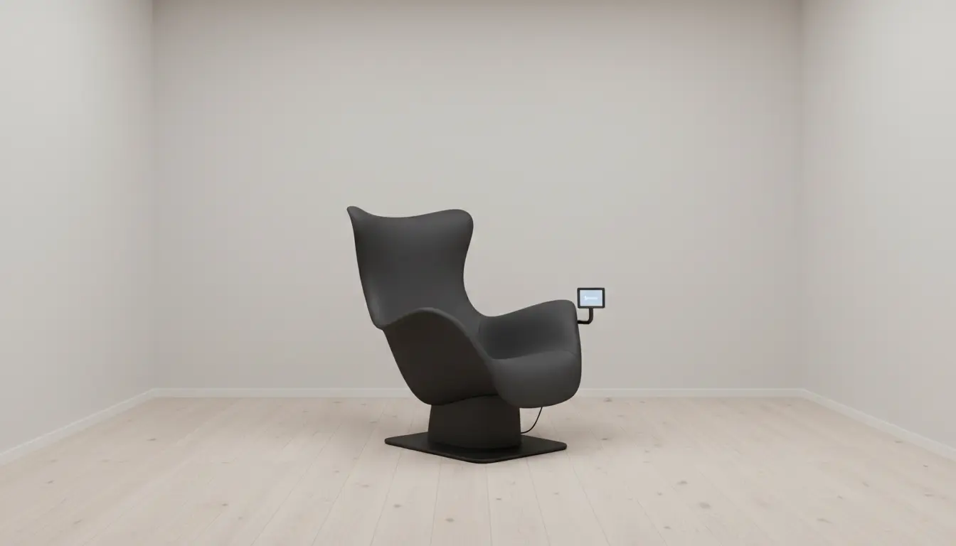 fitnessfloor-blog973070 Moderner schwarzer Lounge-Sessel in leerem Raum mit Display.