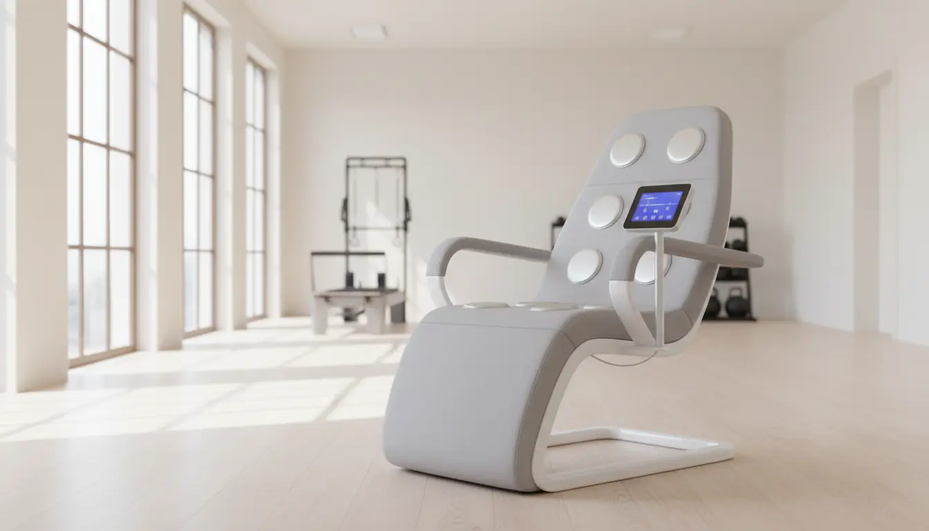 fitnessfloor-blog973900 Modernes Fitnessstudio mit futuristischem Lounge-Sessel und großen Fenstern.
