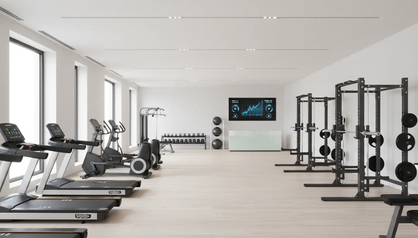 Modernes Fitnessstudio mit Geräten, Sportstudio-Atmosphäre.