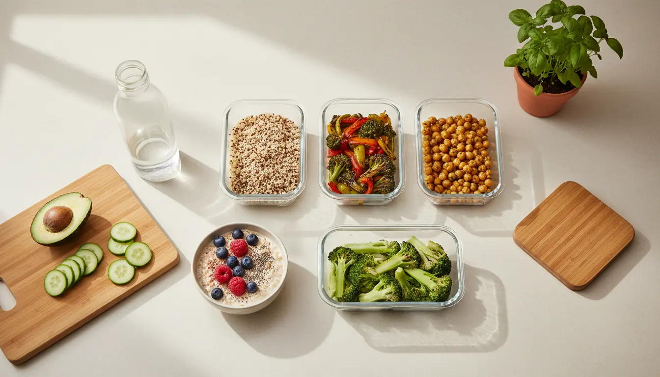 fitnessfloor-blog194316 Gesunde Meal-Prep: Gemüse, Obst und Quinoa in Gläsern.