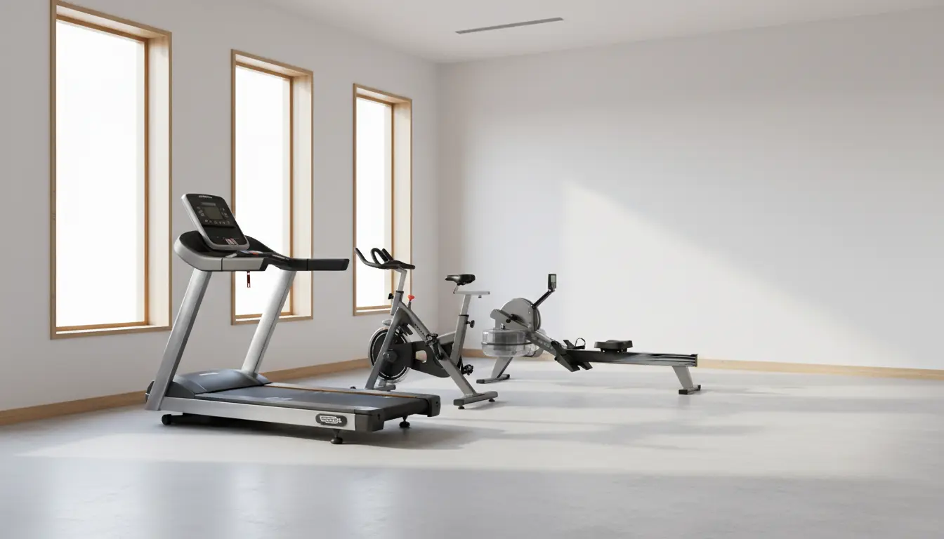 fitnessfloor-blog335354 Fitnessstudio mit Laufband, Fahrrad-Ergometer und Rudergerät.