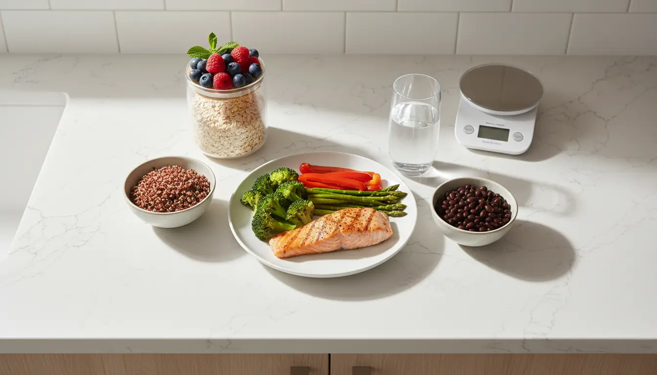 fitnessfloor-blog360829 Gesunde Mahlzeit mit Lachs, Gemüse und Beeren
