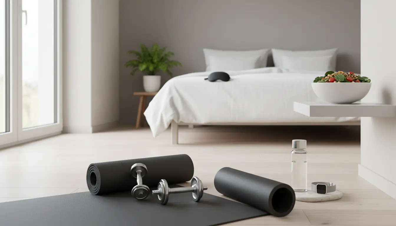 fitnessfloor-blog437232 Modernes Schlafzimmer mit Fitnessmatte, Hanteln und Wasserflasche.