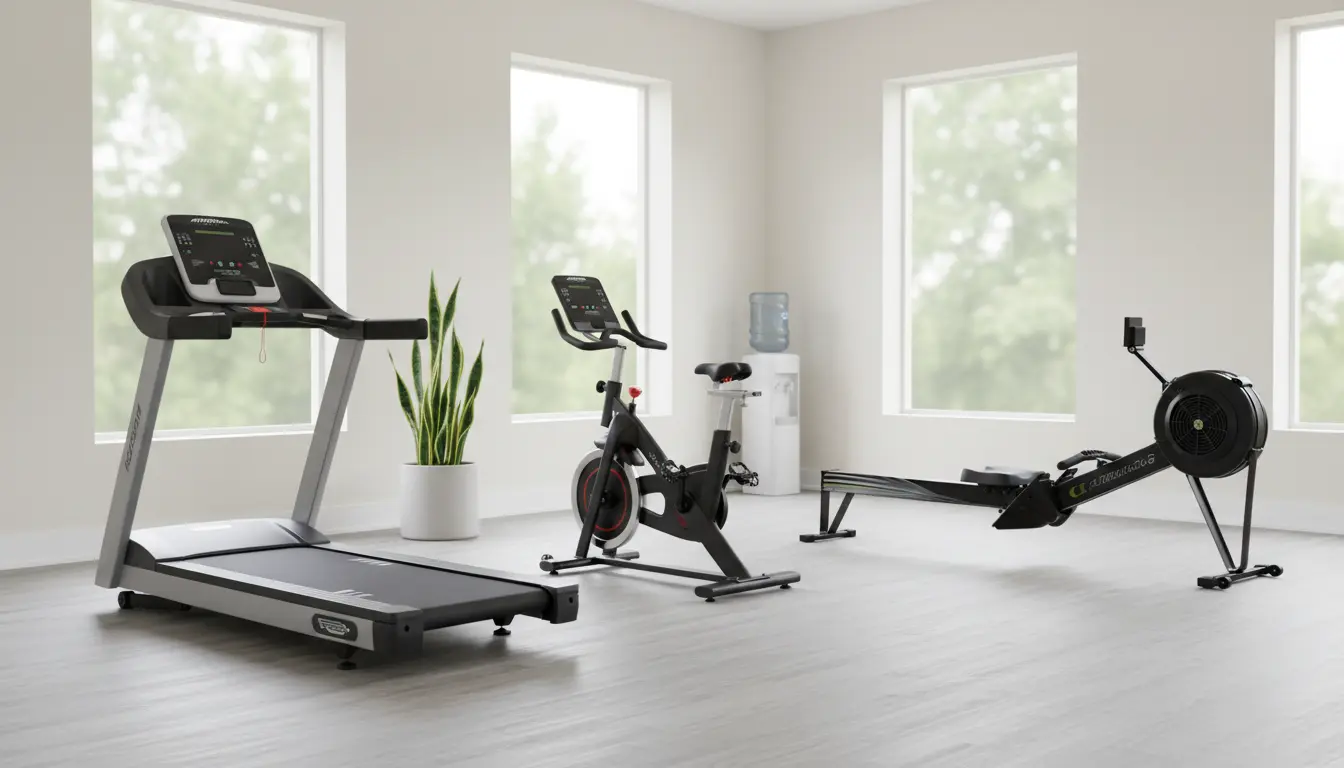 fitnessfloor-blog460393 Fitnessstudio-ähnlicher Raum mit Laufband, Fahrrad und Rudergerät.